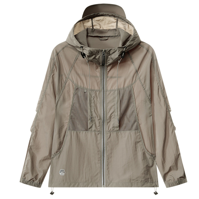Beige outdoors jacket with a hood on a white background