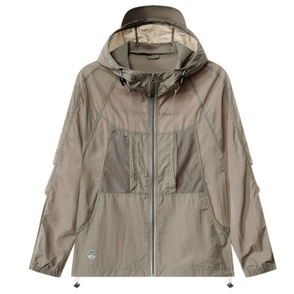 Beige outdoors jacket with a hood on a white background