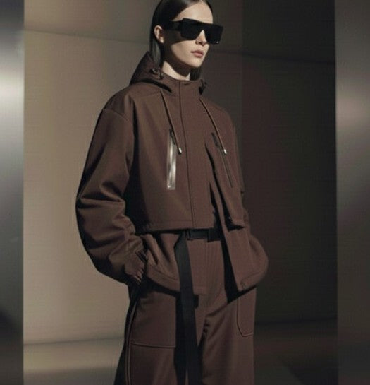 A woman  wearing a brown tracksuit with sunglasses in a minimalistic setting