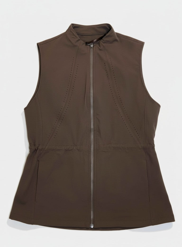Brown sleeveless jacket with a zipper on a white background