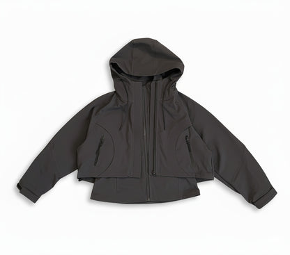 Dark gray hooded jacket on a white background