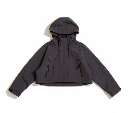 Dark gray jacket with a hood on a white background