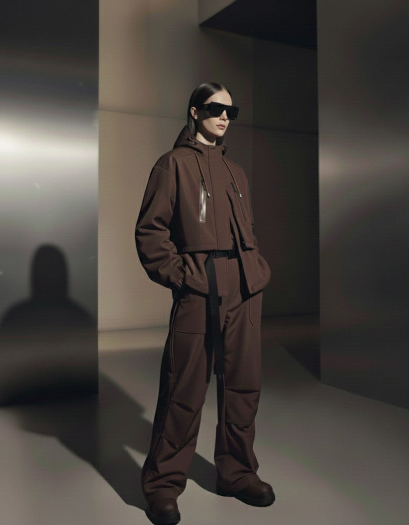 A woman wearing a brown outfit and sunglasses in a minimalistic setting