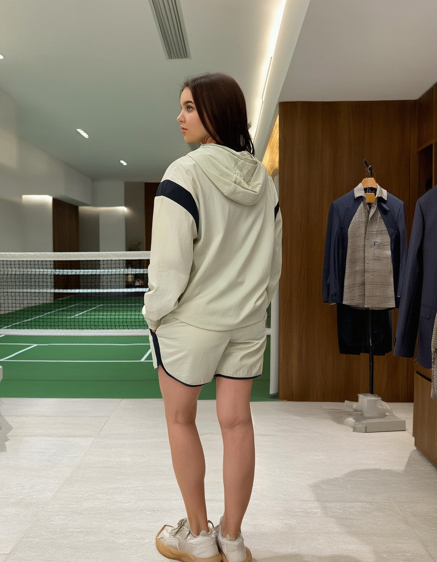 Woman in a outdoor workout matching sportswear standing in a room with a tennis court and clothing rack.